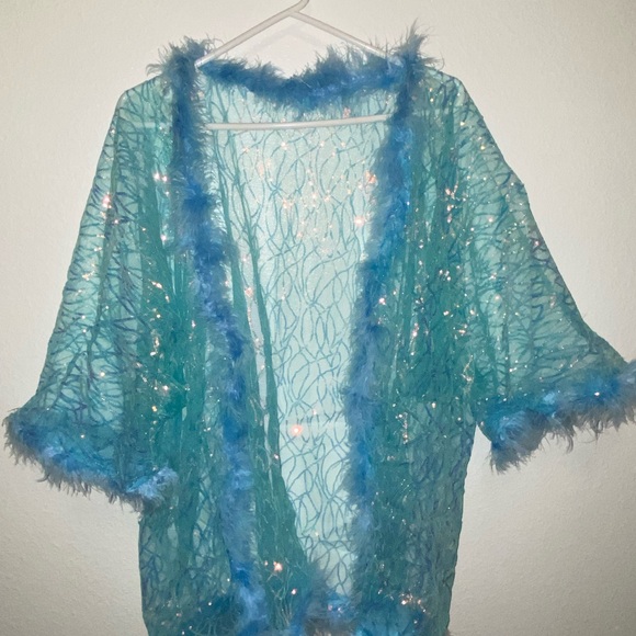 Blue Sheer Feather Trim Kimono - Picture 3 of 6